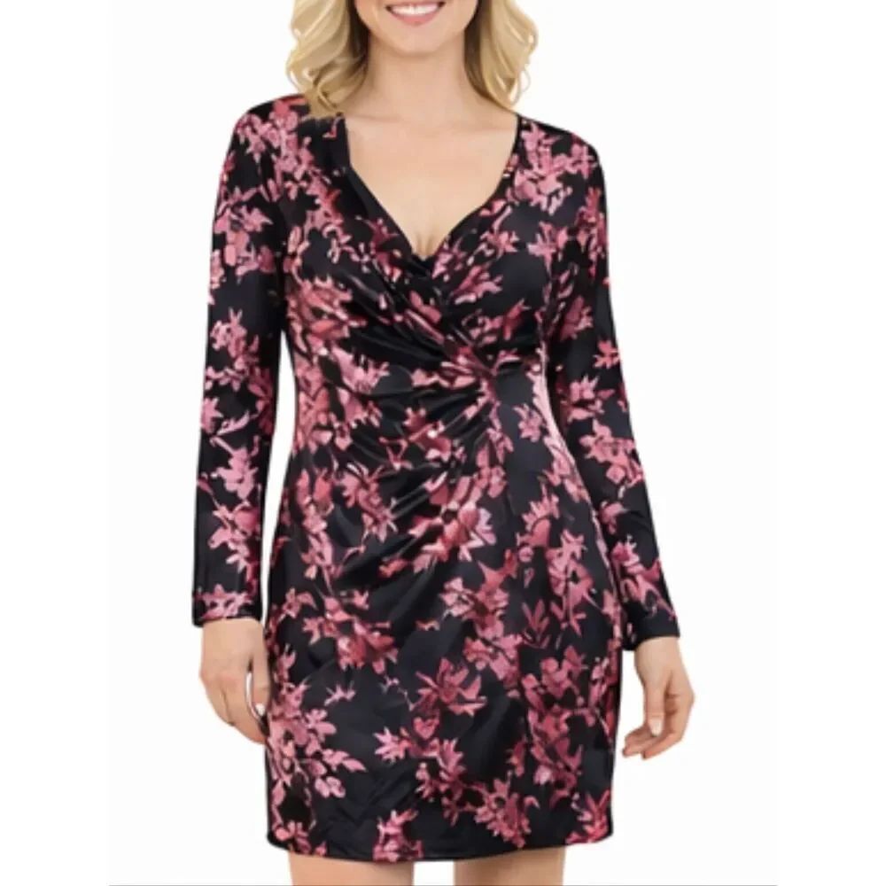 Fashion nova black floral velvet burnout long sleeve dress large